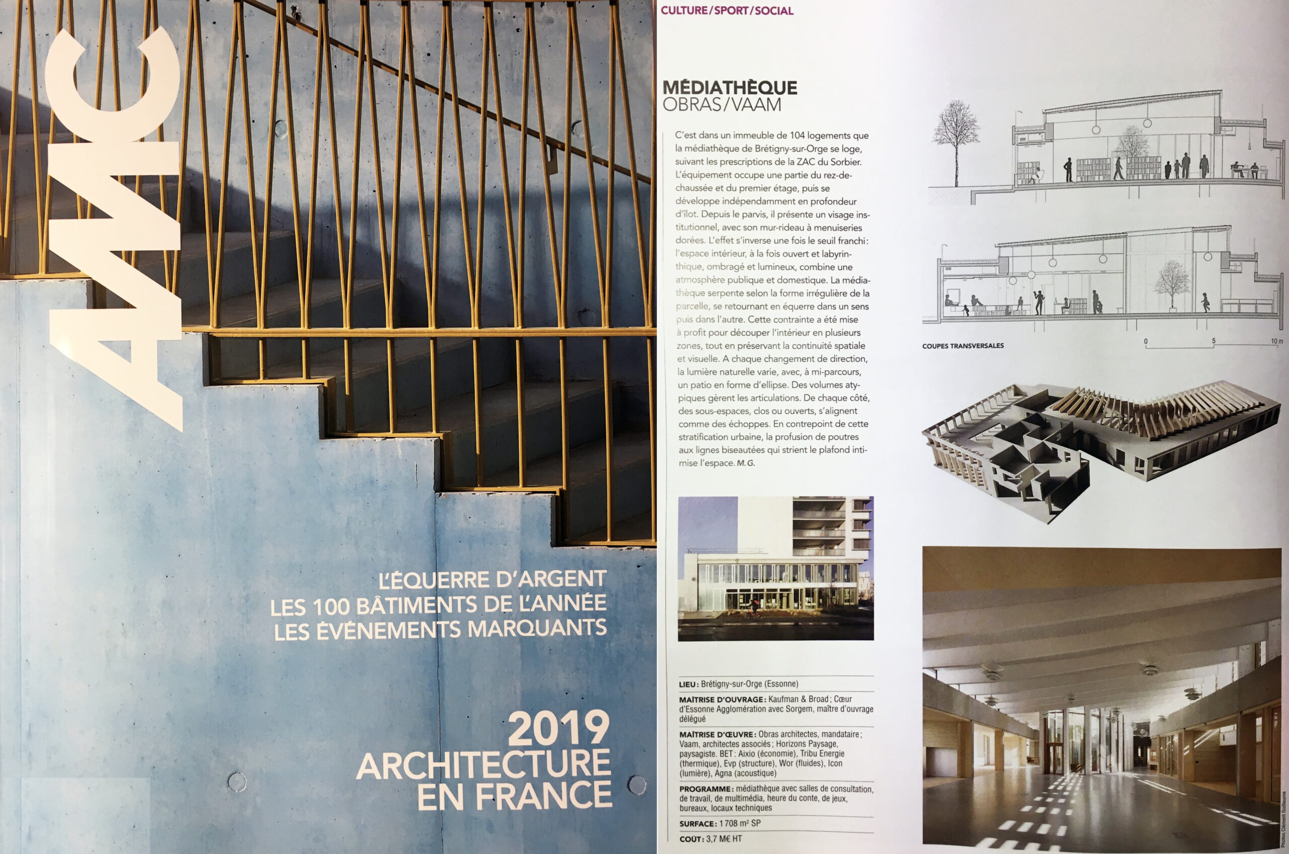 article dans AMC Déc-Janv 2020 – Les 100 bâtiments de l’année – Médiathèque de Bretigny-sur-Orge avec VAAM